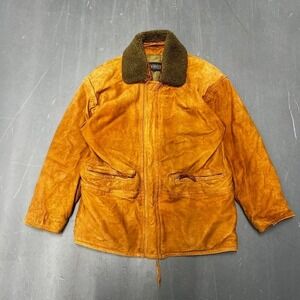 Vintage brown leather zip up heavy coat with Sherpa collar